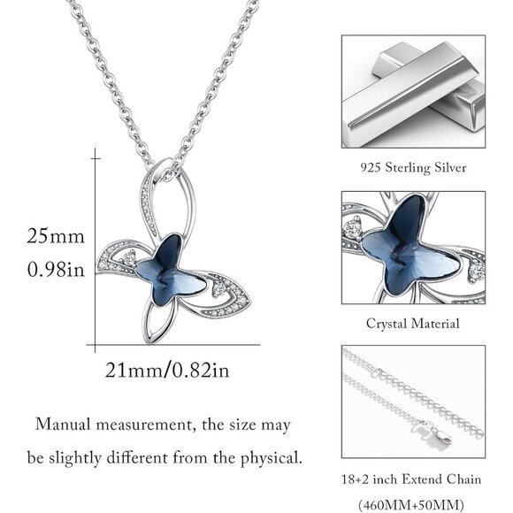 Blue Crystal Butterfly Pendant Necklace Sterling Silver Gift for Women Girls - Picture 5 of 7